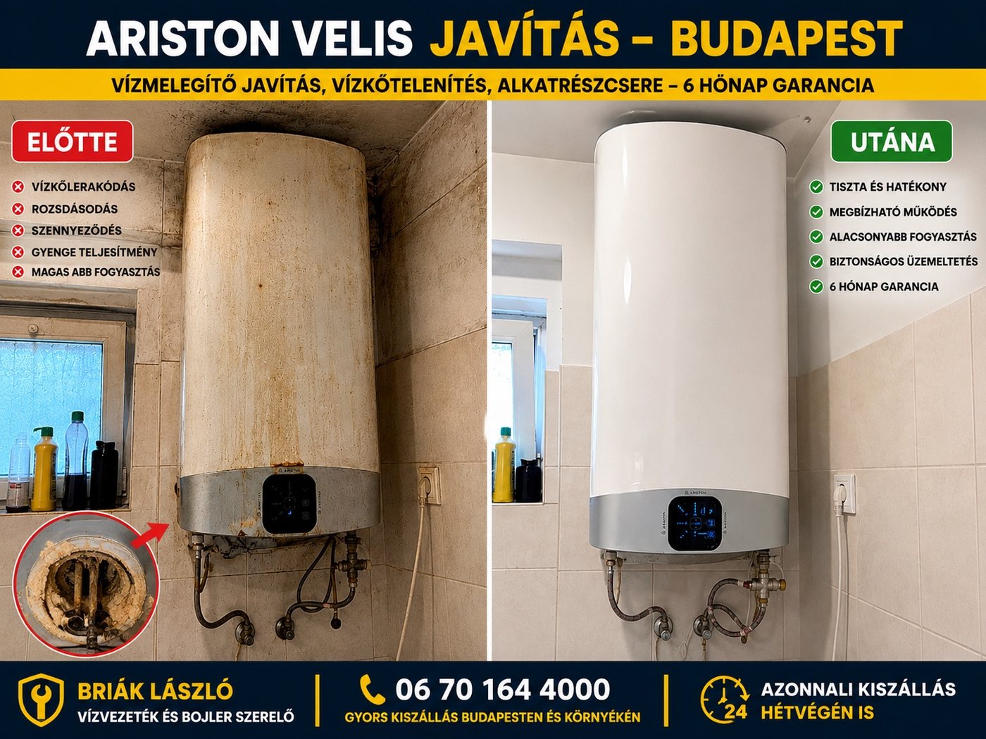 Ariston Velis javítás és vízkőtelenítés Budapesten – 06 70 164 4000