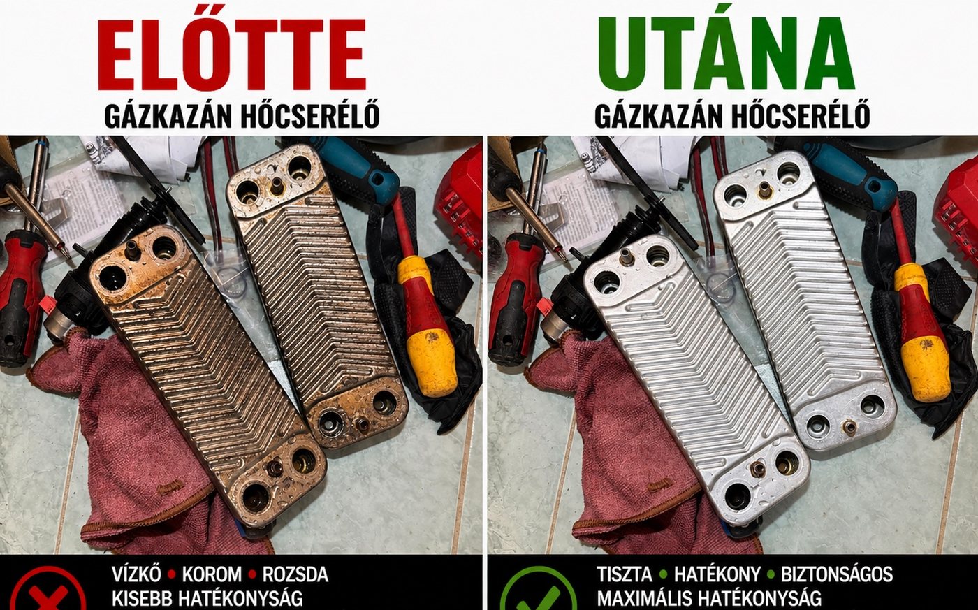 Gázkazán hőcserélő tisztítás előtte és utána